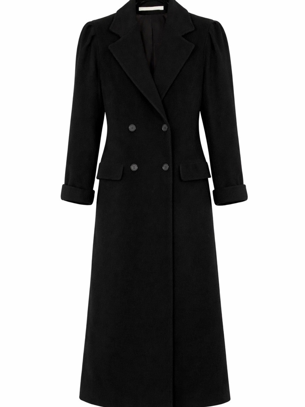 Vintage Perry Ellis Black Long Wool Trench Coat Double Breasted Tailored Fit.
